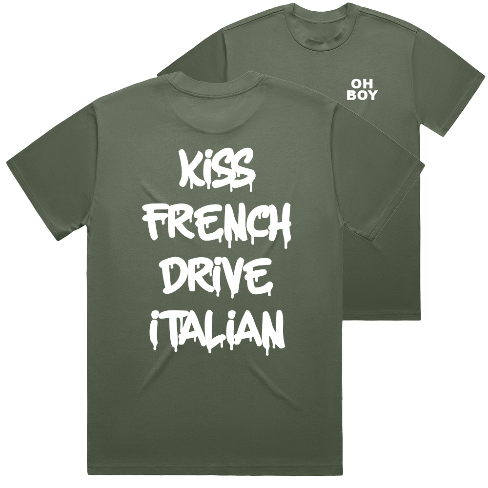 "Kiss French Drive Italian" White Shirt